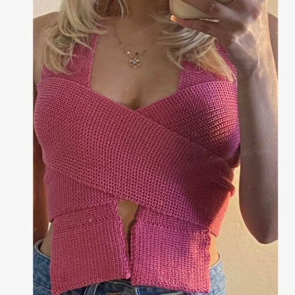 pink Wrap Knot Tie Back Knit Crop Top - Picture 7 of 7